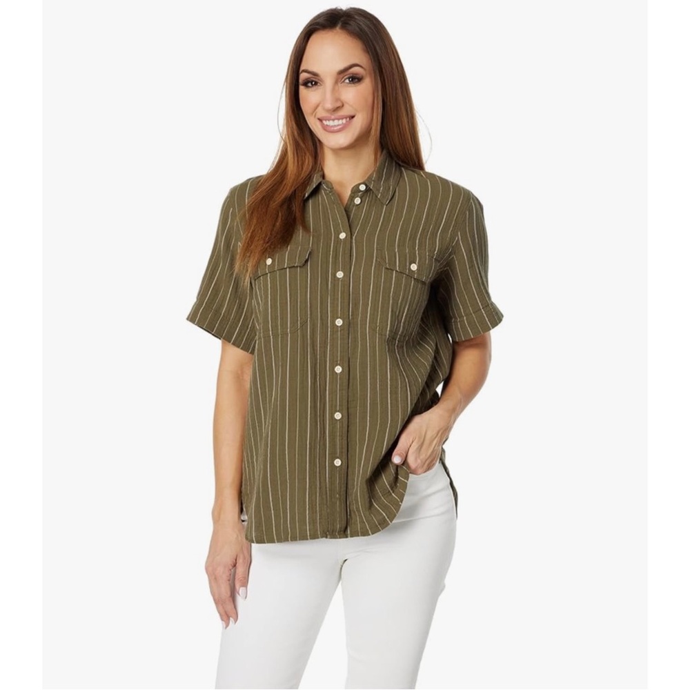 Madewell Lightspun Short Sleeve Flap-Pocket Button Down Striped size Small